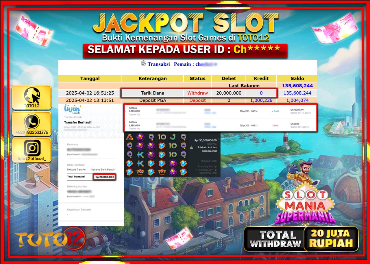 HANYA DI TOTO12 JP PASTI DI BAYAR LUNAS DAN CEPAT!!!!!! JACKPOT SLOT GAME (SLOT MANIA SUPERMANIA) Rp.20.000.000 !!!!