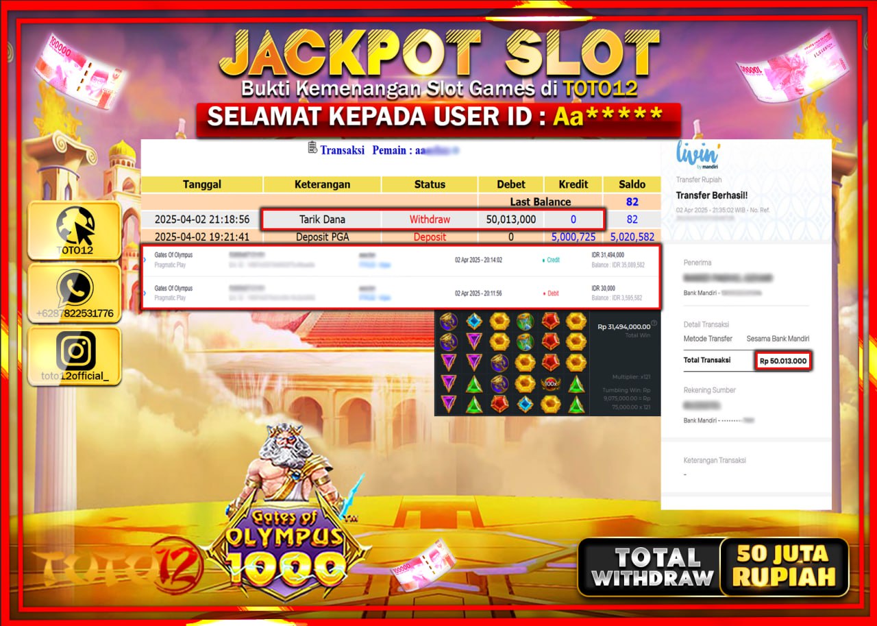 HANYA DI TOTO12 JP PASTI DI BAYAR LUNAS DAN CEPAT!!!!!! JACKPOT SLOT GAME (GATES OF OLYMPUS 1000) Rp.50.000.000 !!!!