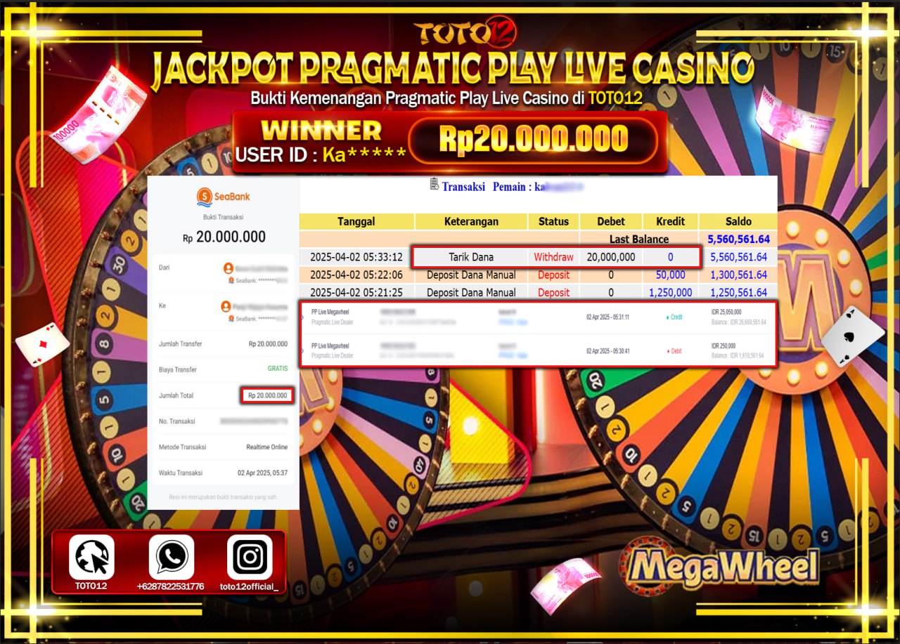 HANYA DI TOTO12 JP PASTI DI BAYAR LUNAS DAN CEPAT!!!!!! JACKPOT PRAGMATIC PLAY LIVE CASINO (MEGA WHEEL) Rp.20.000.000 !!!!