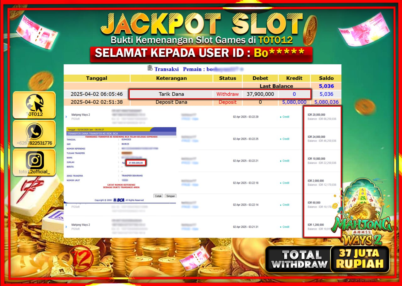 HANYA DI TOTO12 JP PASTI DI BAYAR LUNAS DAN CEPAT!!!!!! JACKPOT SLOT GAME (MAHJONG WAYS 2) Rp.37.000.000 !!!!
