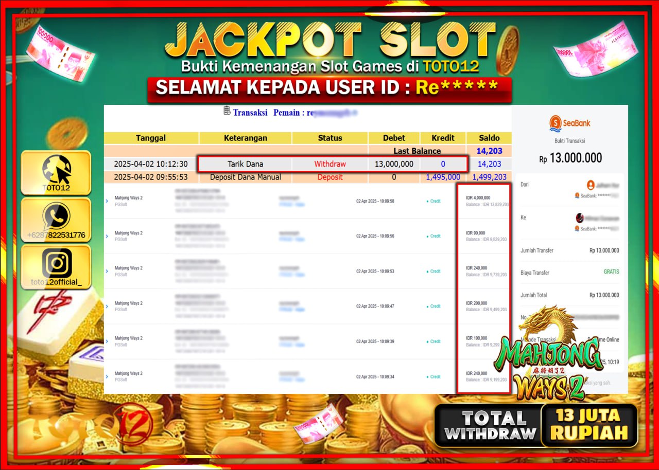HANYA DI TOTO12 JP PASTI DI BAYAR LUNAS DAN CEPAT!!!!!! JACKPOT SLOT GAME (MAHJONG WAYS 2) Rp.13.000.000 !!!!