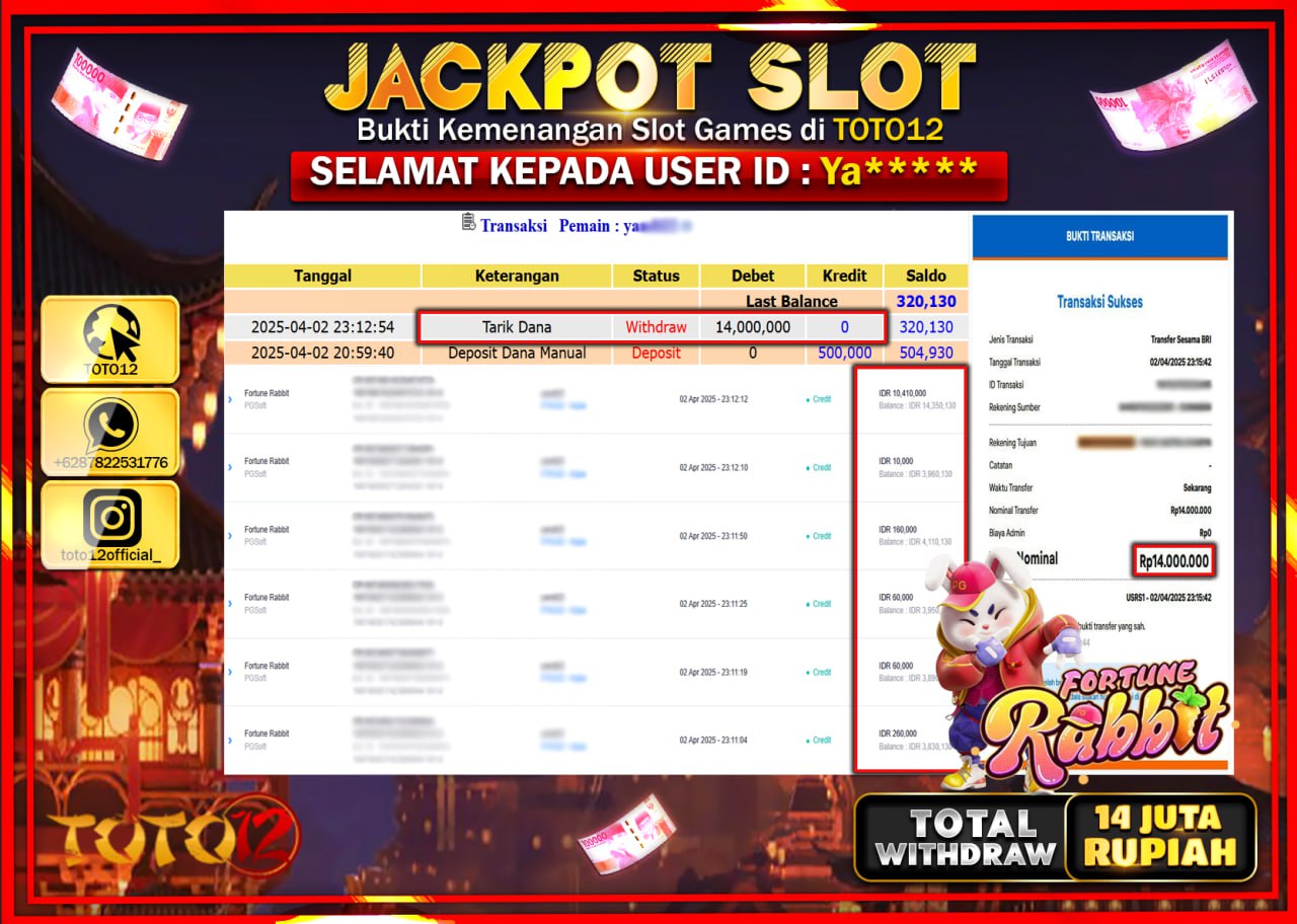 HANYA DI TOTO12 JP PASTI DI BAYAR LUNAS DAN CEPAT!!!!!! JACKPOT SLOT GAME (FORTUNE RABBIT) Rp.14.000.000 !!!!
