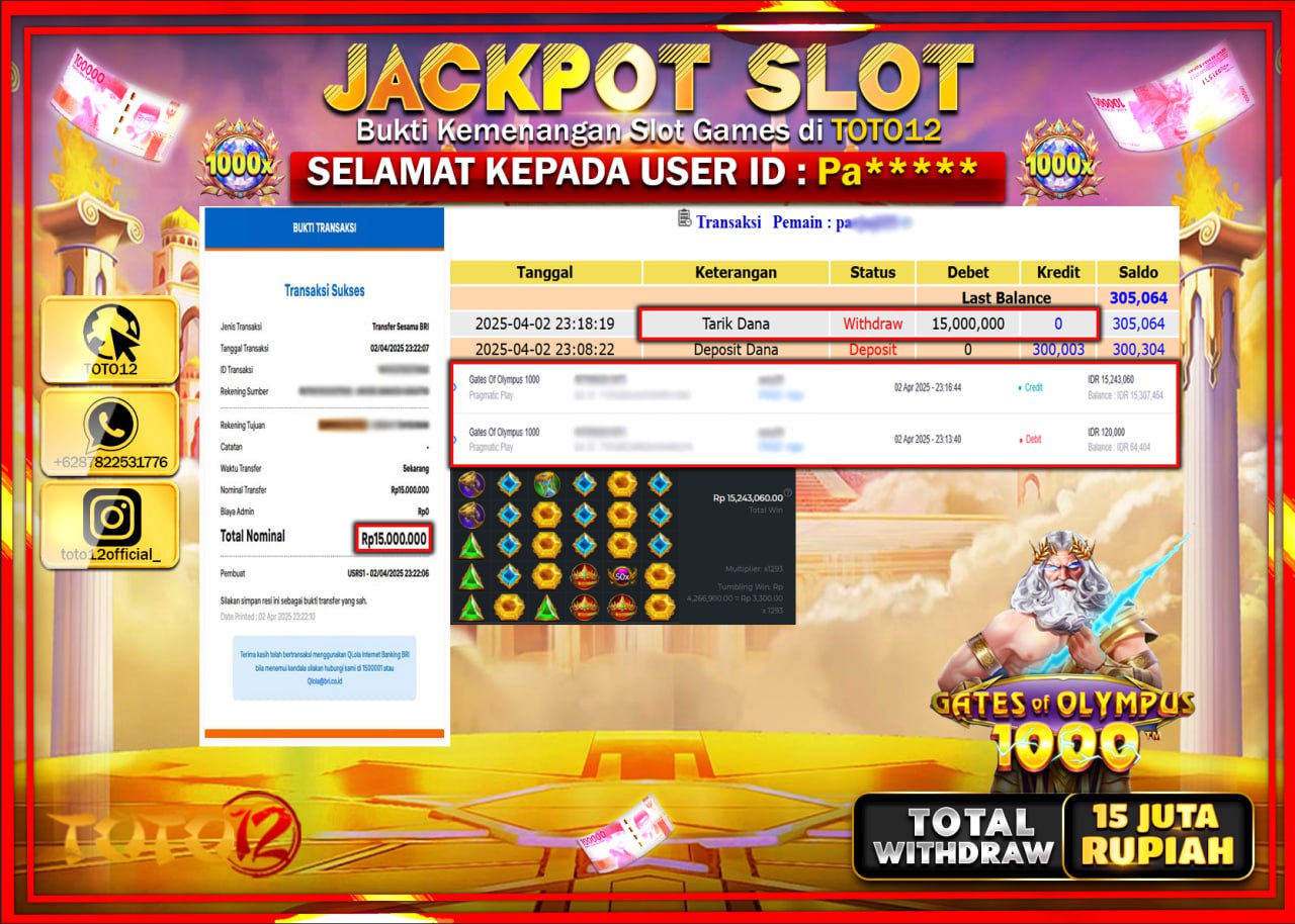 HANYA DI TOTO12 JP PASTI DI BAYAR LUNAS DAN CEPAT!!!!!! JACKPOT SLOT GAME (GATES OF OLYMPUS 1000) Rp.15.000.000 !!!!