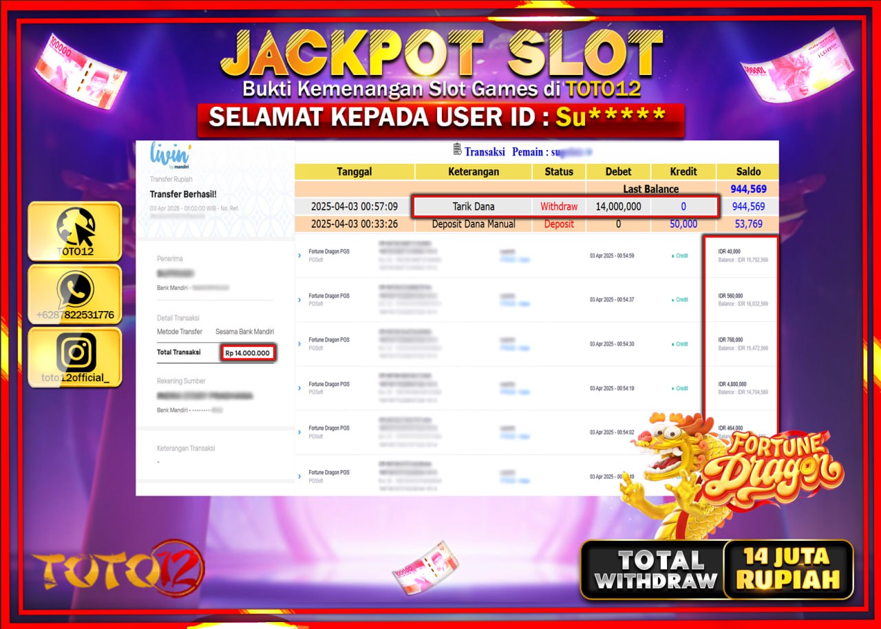 HANYA DI TOTO12 JP PASTI DI BAYAR LUNAS DAN CEPAT!!!!!! JACKPOT SLOT GAME (FORTUNE DRAGON PGS) Rp.14.000.000 !!!!