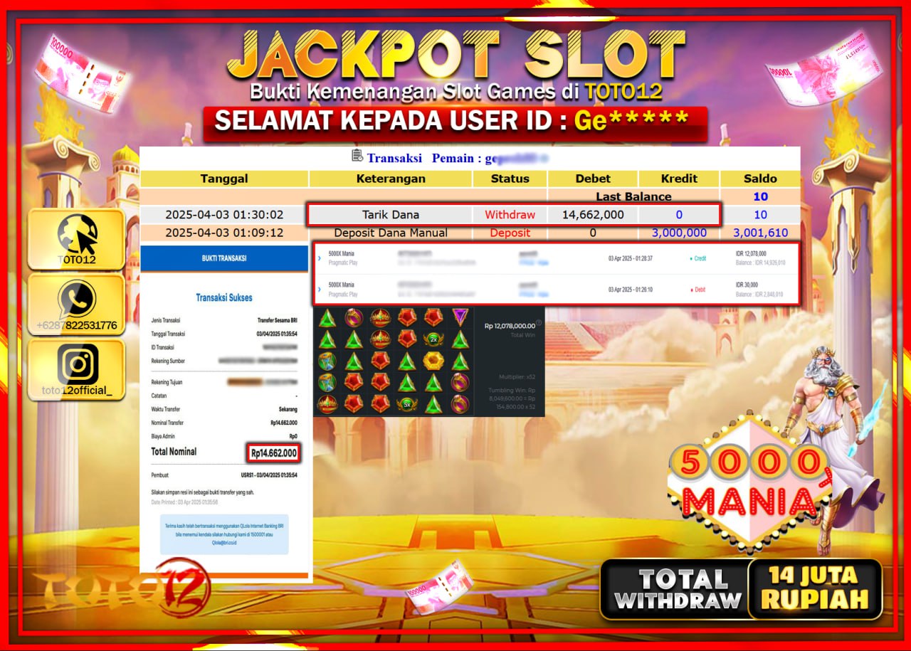 HANYA DI TOTO12 JP PASTI DI BAYAR LUNAS DAN CEPAT!!!!!! JACKPOT SLOT GAME (5000X MANIA) Rp.14.000.000 !!!!