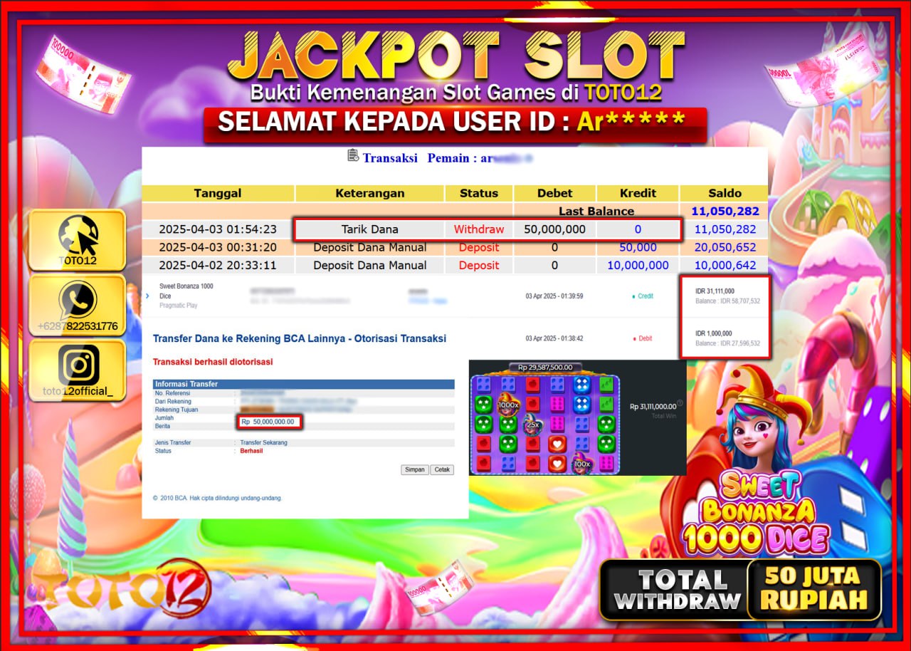 HANYA DI TOTO12 JP PASTI DI BAYAR LUNAS DAN CEPAT!!!!!! JACKPOT SLOT GAME (SWEET BONANZA 1000 DICE) Rp.50.000.000 !!!!