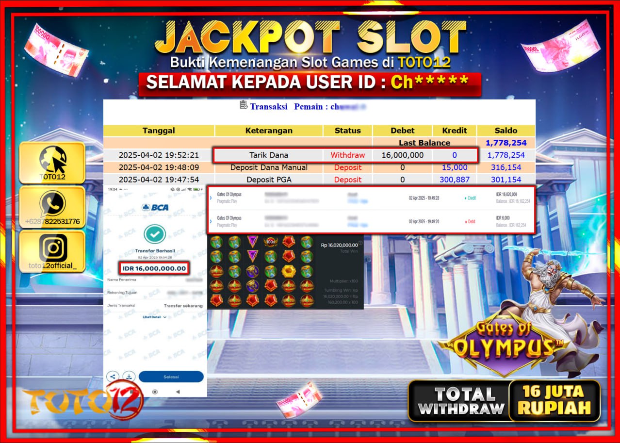 HANYA DI TOTO12 JP PASTI DI BAYAR LUNAS DAN CEPAT!!!!!! JACKPOT SLOT GAME (GATES OF OLYMPUS) Rp.16.000.000 !!!!