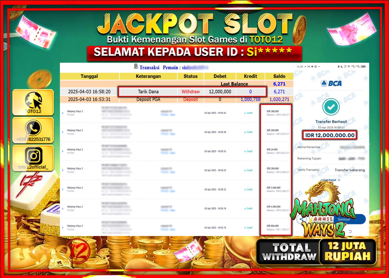 HANYA DI TOTO12 JP PASTI DI BAYAR LUNAS DAN CEPAT!!!!!! JACKPOT SLOT GAME (MAHJONG WAYS 2) Rp.12.000.000 !!!!