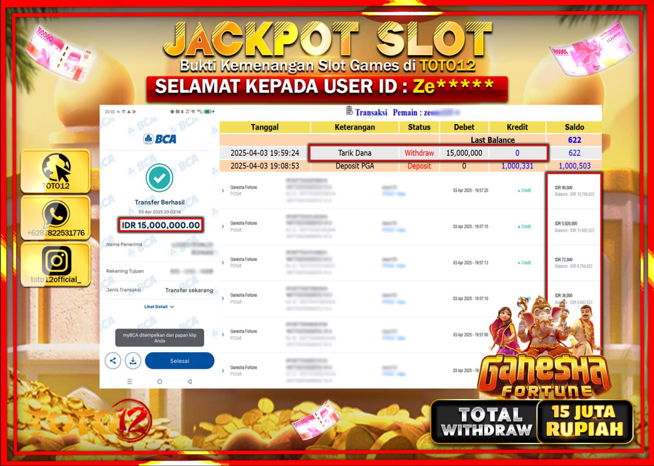 HANYA DI TOTO12 JP PASTI DI BAYAR LUNAS DAN CEPAT!!!!!! JACKPOT SLOT GAME (GANESHA FORTUNE  ) Rp.15.000.000 !!!!