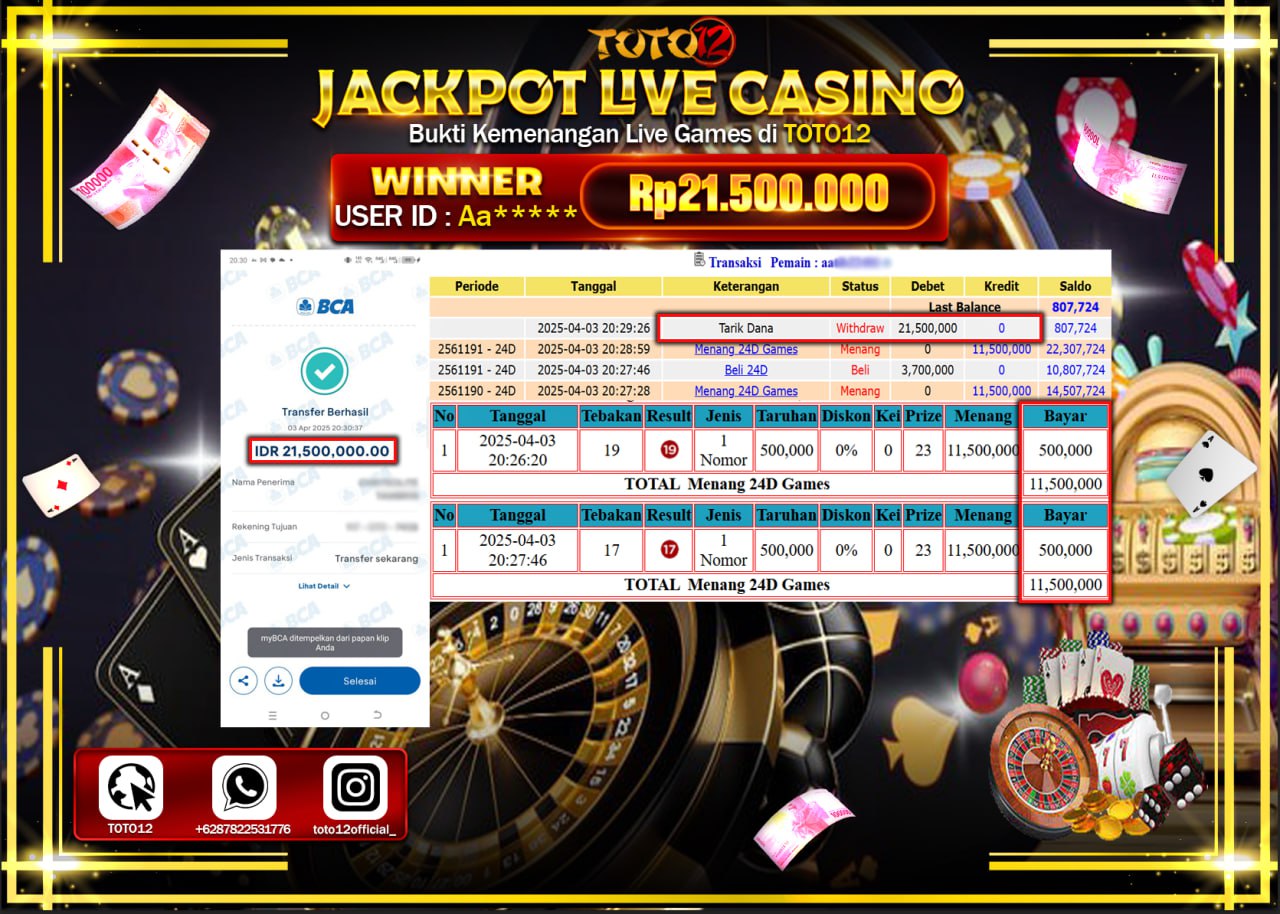 HANYA DI TOTO12 JP PASTI DI BAYAR LUNAS DAN CEPAT!!!!!! JACKPOT LIVE GAMES CASINO (24D) Rp.21.500.000 !!!!