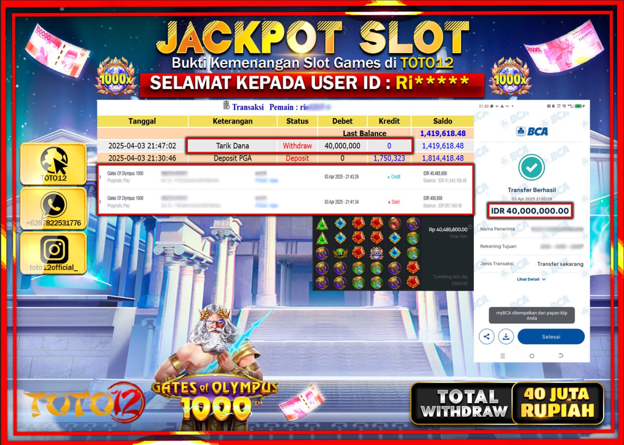 HANYA DI TOTO12 JP PASTI DI BAYAR LUNAS DAN CEPAT!!!!!! JACKPOT SLOT GAME (GATES OF OLYMPUS 1000) Rp.40.000.000 !!!!