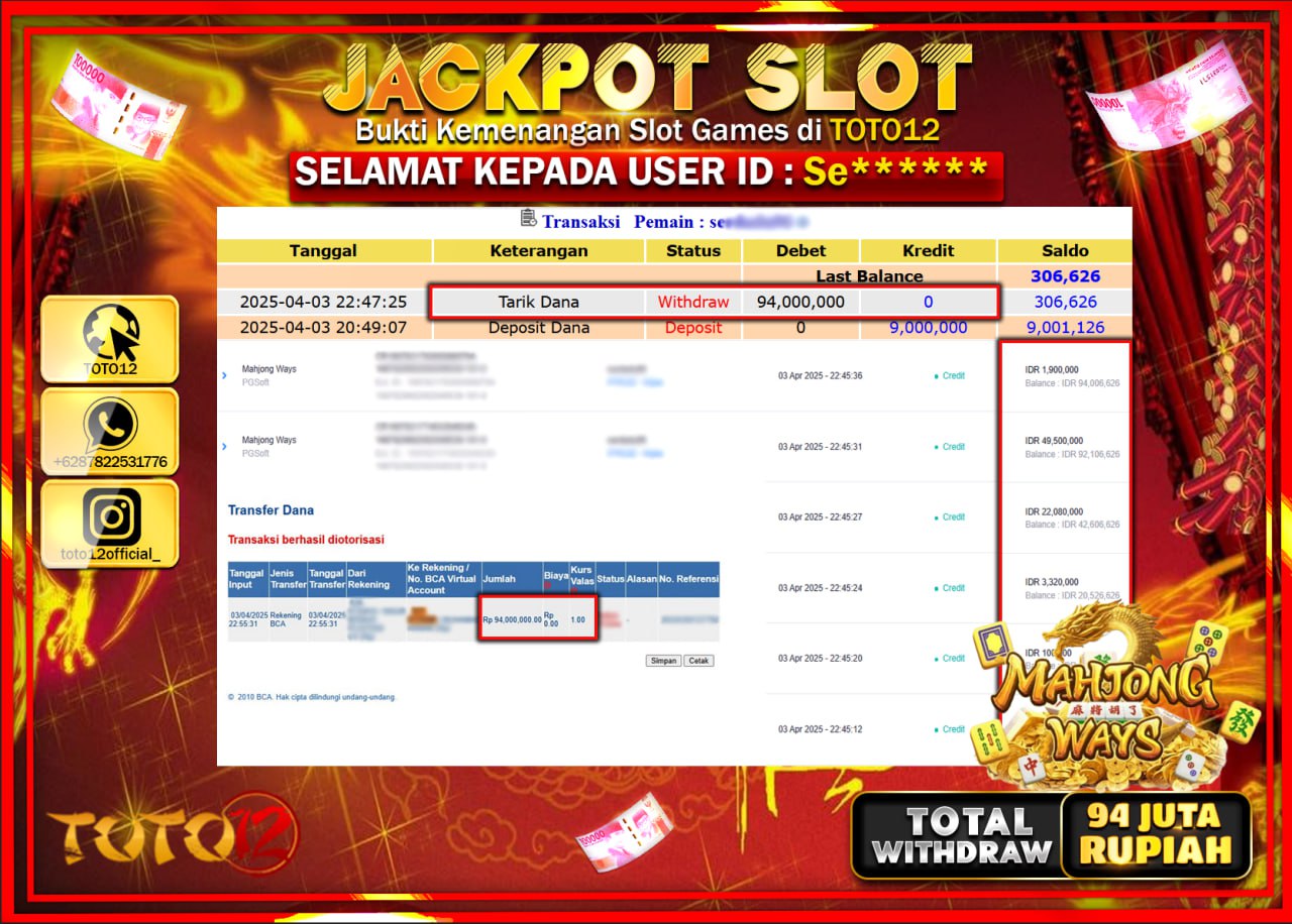 HANYA DI TOTO12 JP PASTI DI BAYAR LUNAS DAN CEPAT!!!!!! JACKPOT SLOT GAME (MAHJONG WAYS) Rp.94.000.000 !!!!