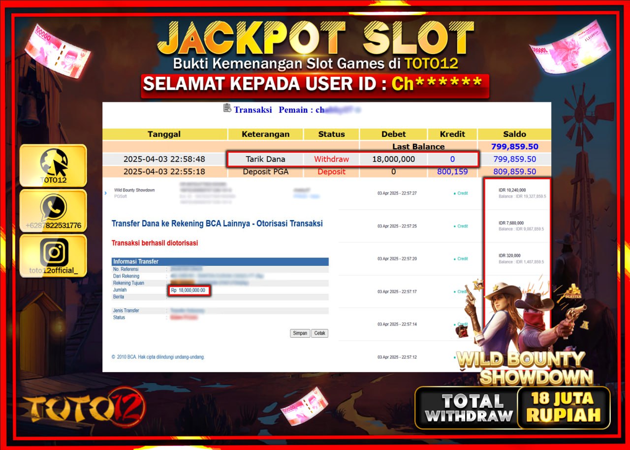 HANYA DI TOTO12 JP PASTI DI BAYAR LUNAS DAN CEPAT!!!!!! JACKPOT SLOT GAME (WILD BOUNTY SHOWDOWN) Rp.18.000.000 !!!!