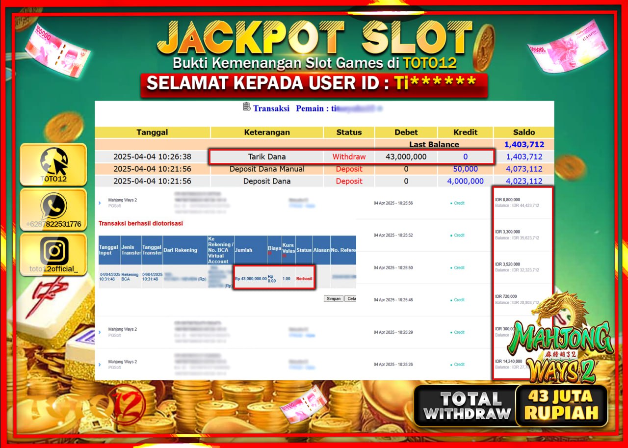 HANYA DI TOTO12 JP PASTI DI BAYAR LUNAS DAN CEPAT!!!!!! JACKPOT SLOT GAME (MAHJONG WAYS 2) Rp.43.000.000 !!!!