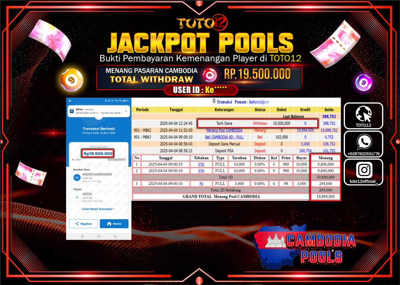 HANYA DI TOTO12 JP PASTI DI BAYAR LUNAS DAN CEPAT!!!!!! JACKPOT POOLS PASARAN (CAMBODIA) Rp.19.500.000 !!!!