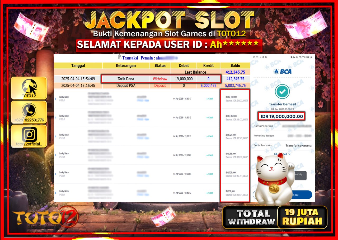 HANYA DI TOTO12 JP PASTI DI BAYAR LUNAS DAN CEPAT!!!!!! JACKPOT SLOT GAME (LUCKY NEKO) Rp.19.000.000 !!!!