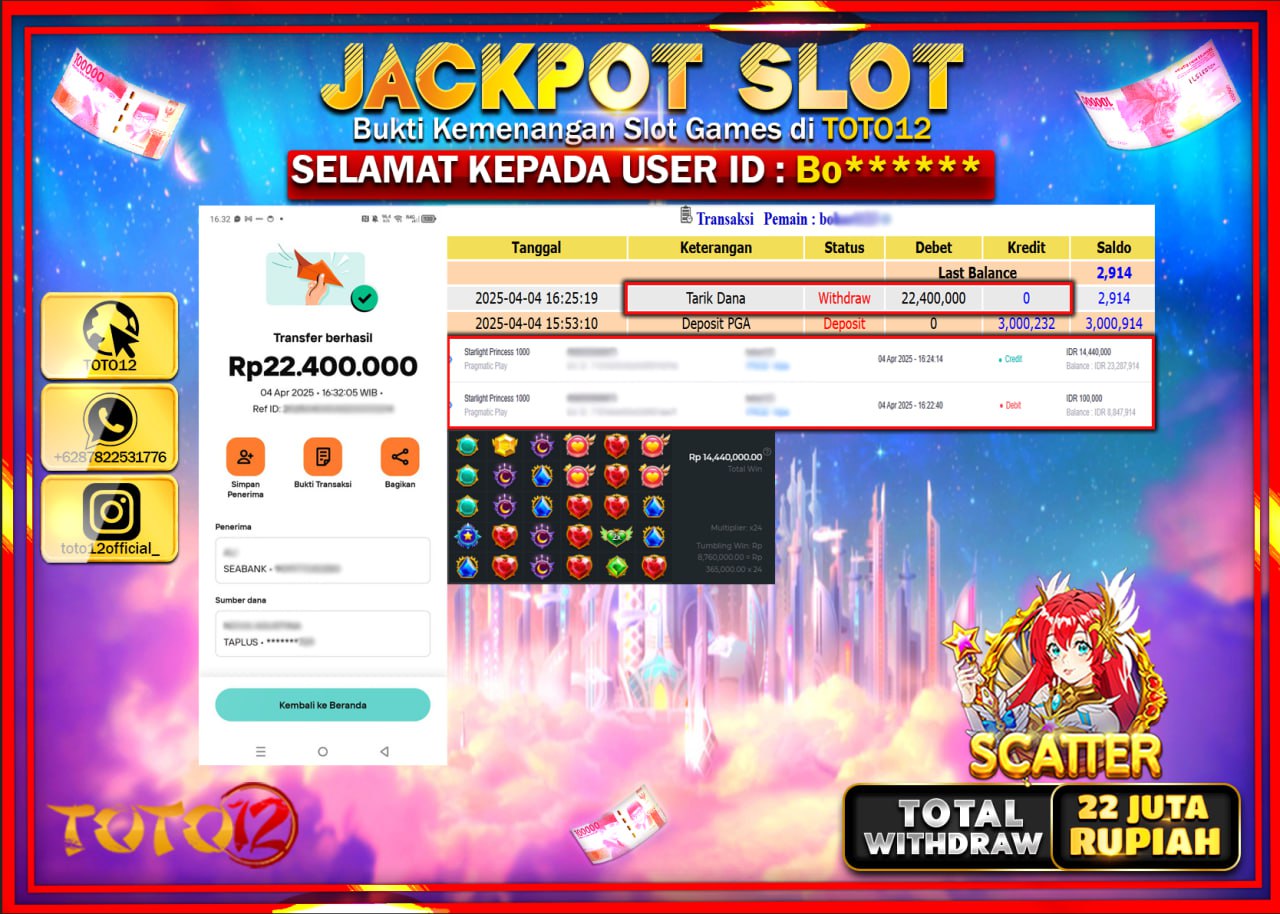 HANYA DI TOTO12 JP PASTI DI BAYAR LUNAS DAN CEPAT!!!!!! JACKPOT SLOT GAME (STARLIGHT PRINCESS 1000) Rp.22.000.000 !!!!