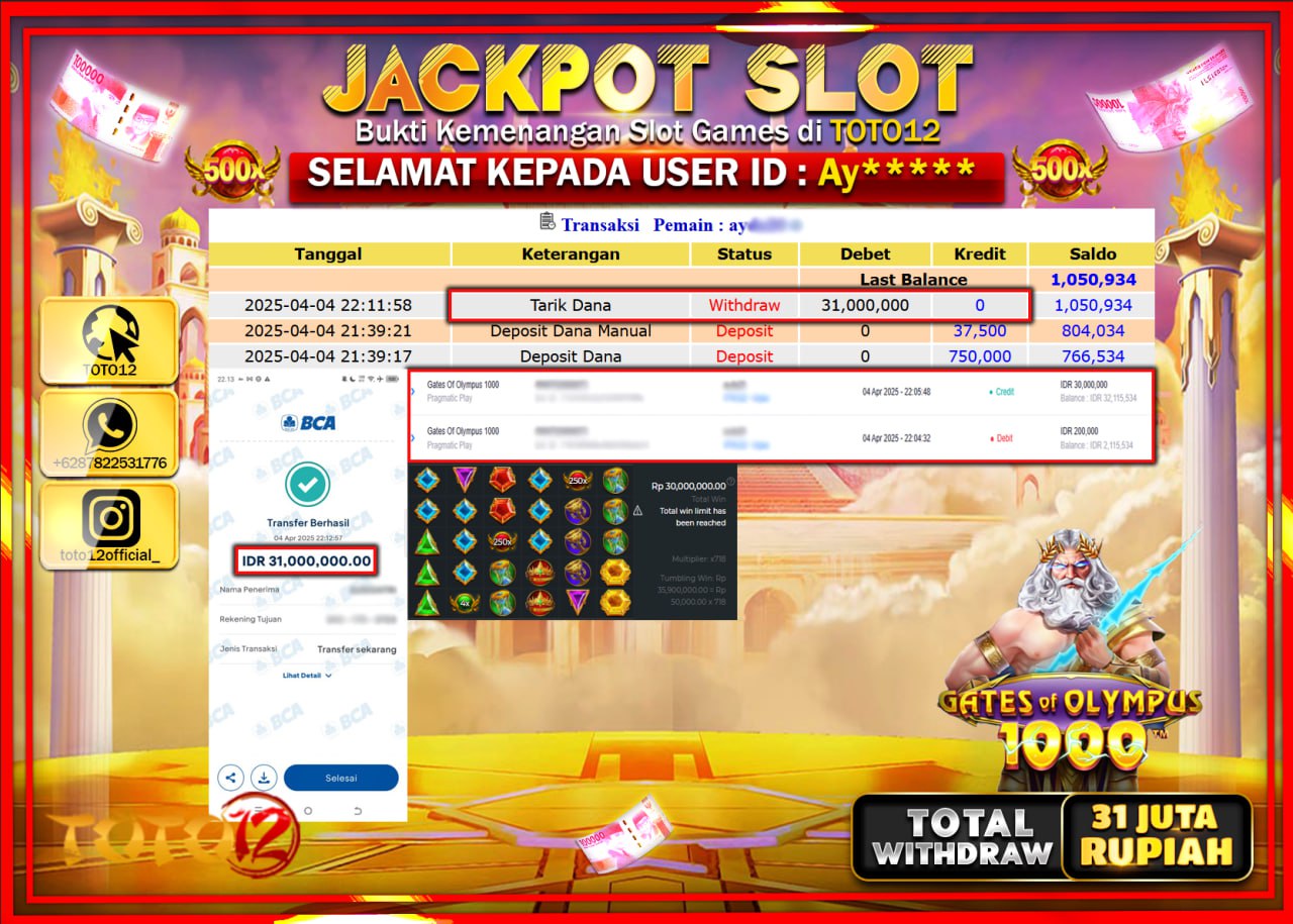 HANYA DI TOTO12 JP PASTI DI BAYAR LUNAS DAN CEPAT!!!!!! JACKPOT SLOT GAME (GATES OF OLYMPUS 1000) Rp.31.000.000 !!!!