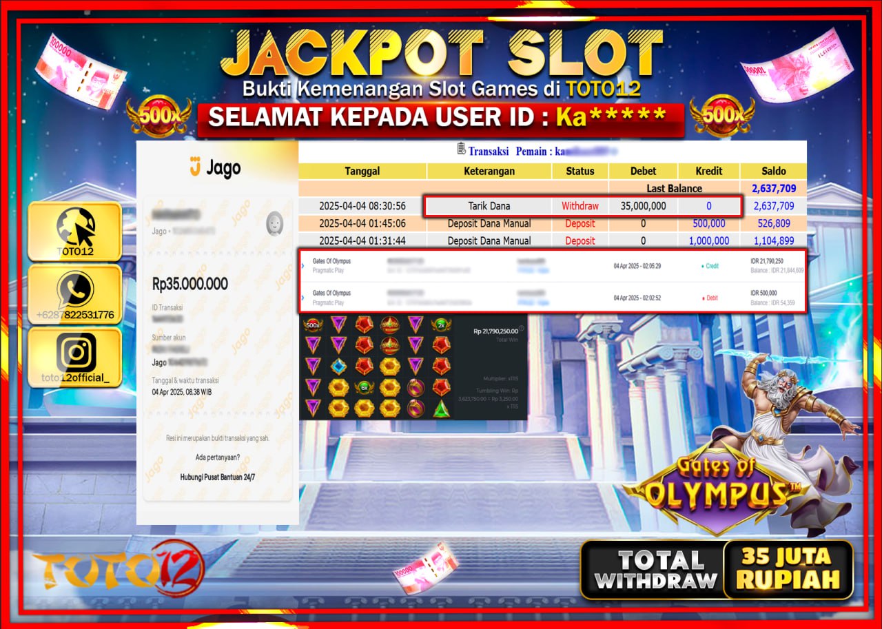 HANYA DI TOTO12 JP PASTI DI BAYAR LUNAS DAN CEPAT!!!!!! JACKPOT SLOT GAME (GATES OF OLYMPUS) Rp.35.000.000 !!!!