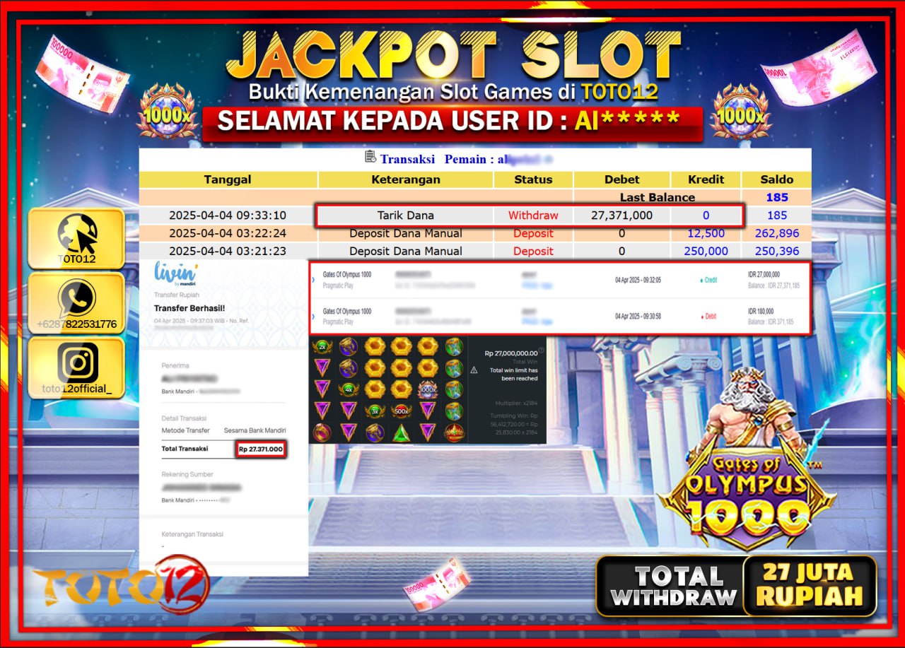 HANYA DI TOTO12 JP PASTI DI BAYAR LUNAS DAN CEPAT!!!!!! JACKPOT SLOT GAME (GATES OF OLYMPUS 1000) Rp.27.000.000 !!!!