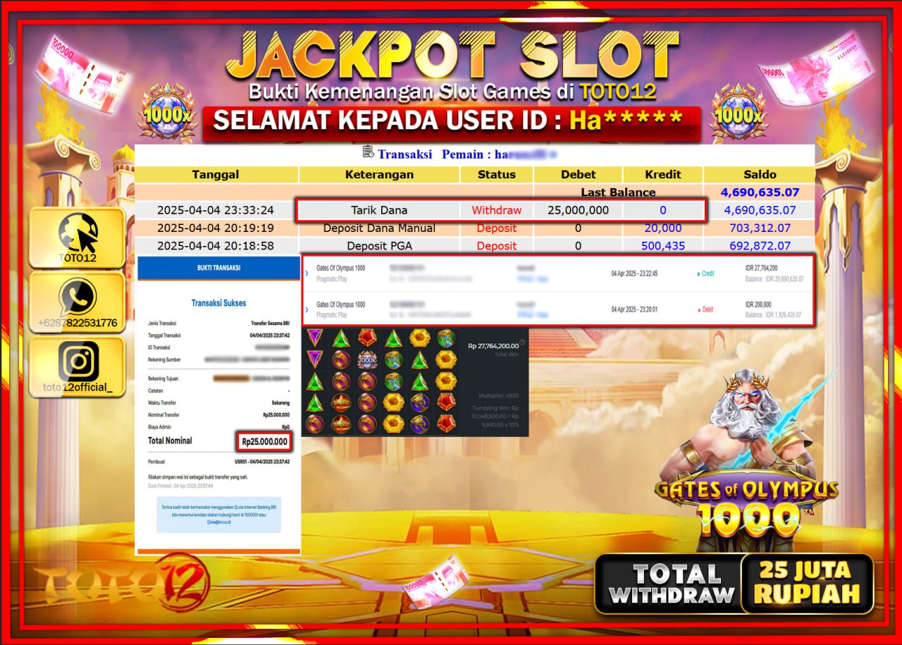 HANYA DI TOTO12 JP PASTI DI BAYAR LUNAS DAN CEPAT!!!!!! JACKPOT SLOT GAME (GATES OF OLYMPUS 1000) Rp.25.000.000 !!!!