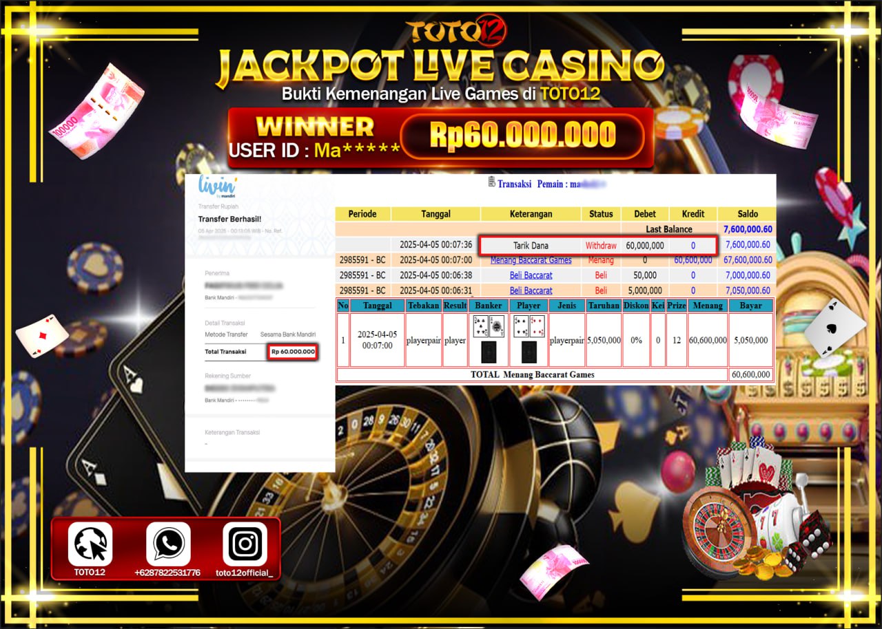 HANYA DI TOTO12 JP PASTI DI BAYAR LUNAS DAN CEPAT!!!!!! JACKPOT LIVE GAMES CASINO (BACCARAT) Rp.60.000.000 !!!!