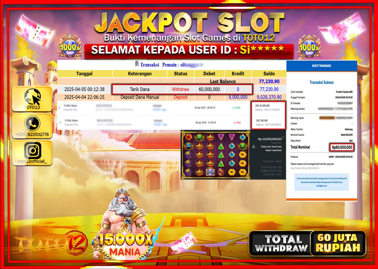HANYA DI TOTO12 JP PASTI DI BAYAR LUNAS DAN CEPAT!!!!!! JACKPOT SLOT GAME (15.000X MANIA) Rp.60.000.000 !!!!
