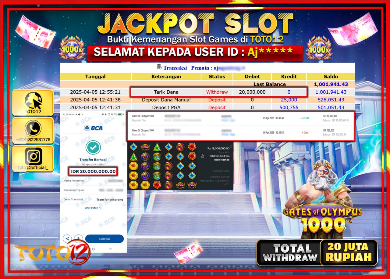 HANYA DI TOTO12 JP PASTI DI BAYAR LUNAS DAN CEPAT!!!!!! JACKPOT SLOT GAME (GATES OF OLYMPUS 1000) Rp.20.000.000 !!!!
