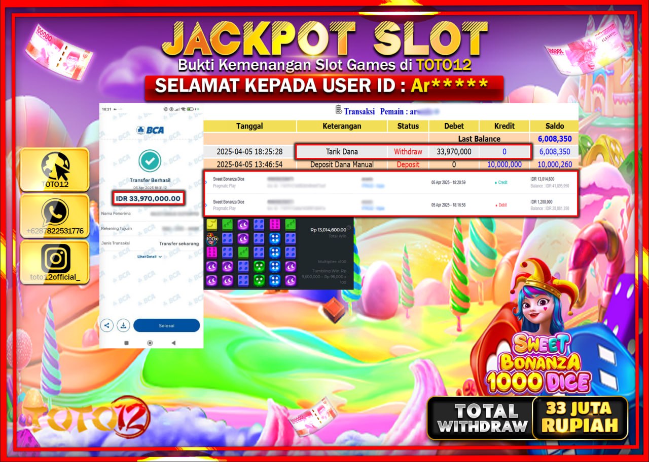 HANYA DI TOTO12 JP PASTI DI BAYAR LUNAS DAN CEPAT!!!!!! JACKPOT SLOT GAME (SWEET BONANZA 1000 DICE) Rp.33.000.000 !!!!