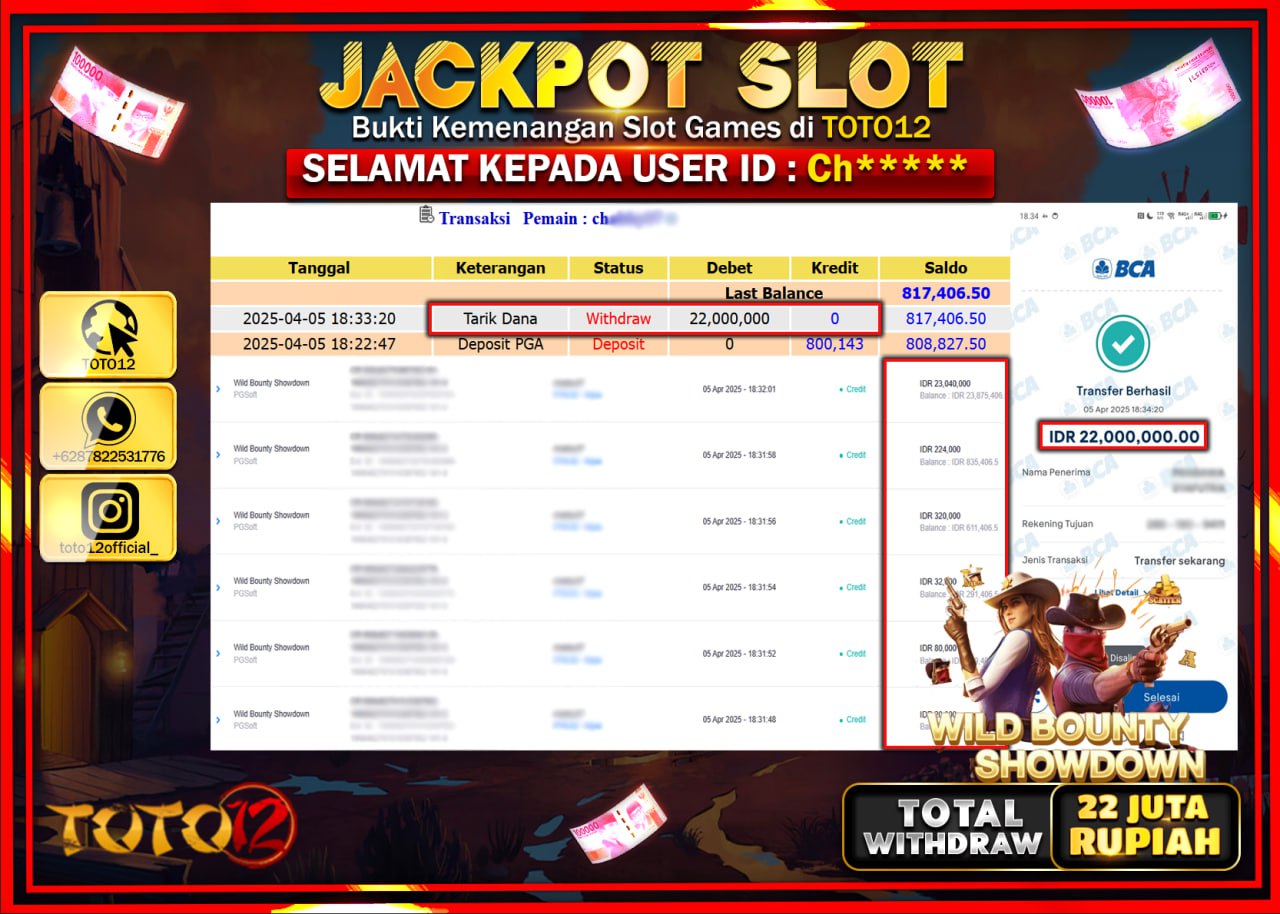 HANYA DI TOTO12 JP PASTI DI BAYAR LUNAS DAN CEPAT!!!!!! JACKPOT SLOT GAME (WILD BOUNTY SHOWDWON) Rp.22.000.000 !!!!