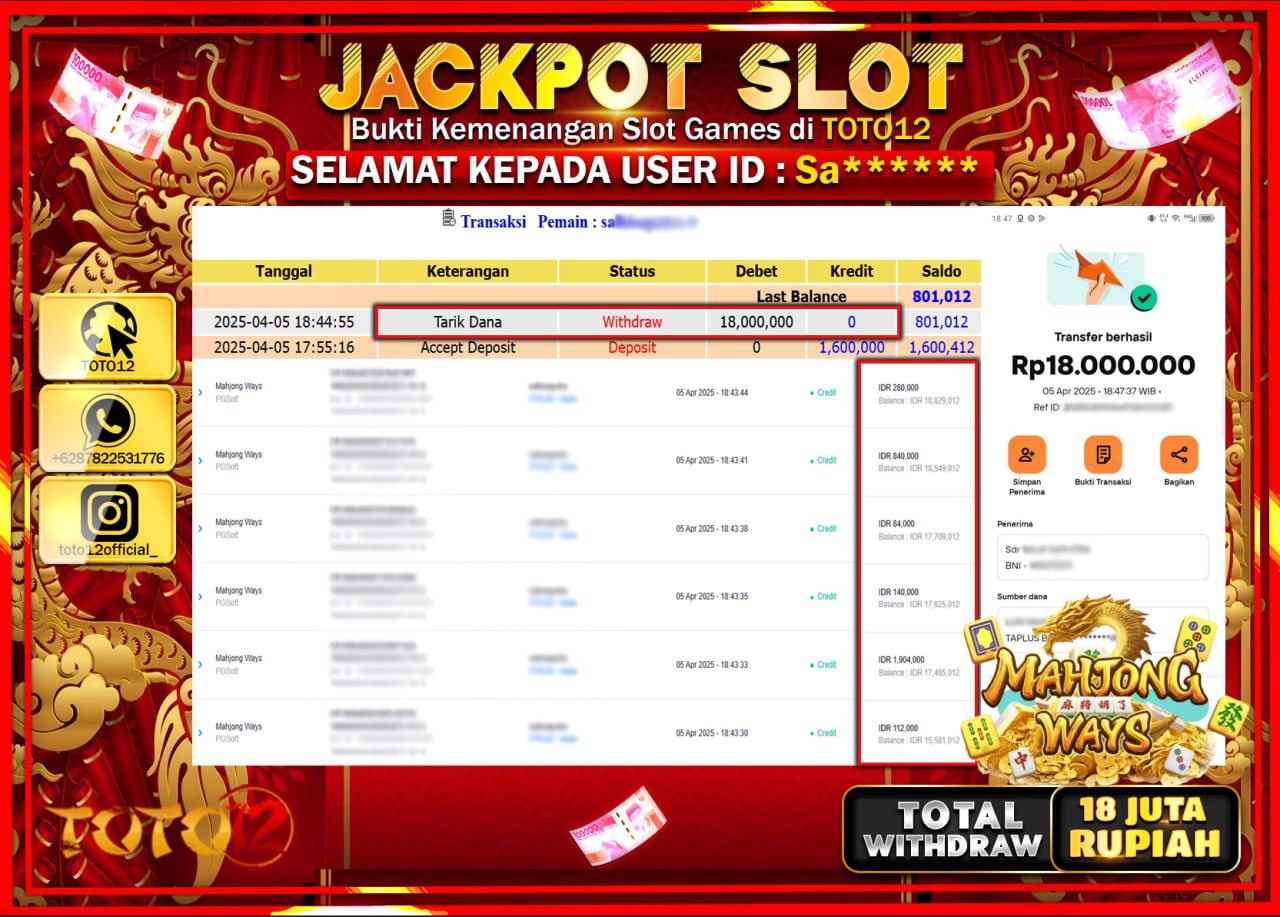 HANYA DI TOTO12 JP PASTI DI BAYAR LUNAS DAN CEPAT!!!!!! JACKPOT SLOT GAME (MAHJONG WAYS) Rp.18.000.000 !!!!