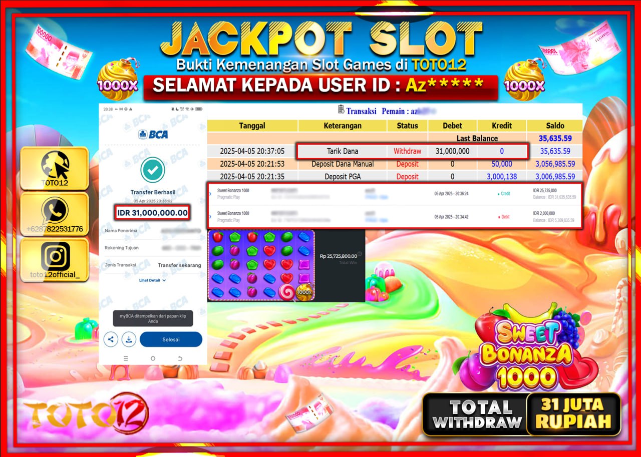 HANYA DI TOTO12 JP PASTI DI BAYAR LUNAS DAN CEPAT!!!!!! JACKPOT SLOT GAME (SWEET BONANZA 1000) Rp.31.000.000 !!!!