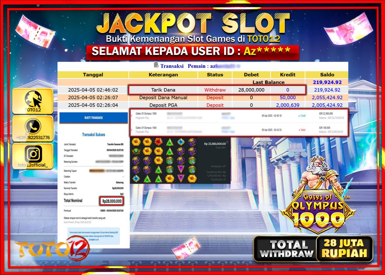 HANYA DI TOTO12 JP PASTI DI BAYAR LUNAS DAN CEPAT!!!!!! JACKPOT SLOT GAME (GATES OF OLYMPUS 1000) Rp.28.000.000 !!!!