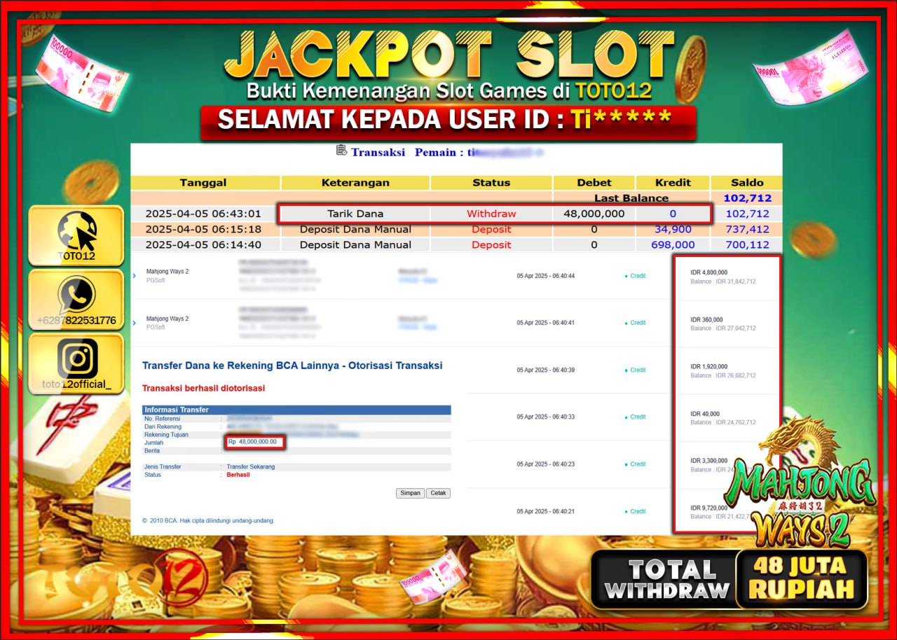 HANYA DI TOTO12 JP PASTI DI BAYAR LUNAS DAN CEPAT!!!!!! JACKPOT SLOT GAME (MAHJONG WAYS 2) Rp.48.000.000 !!!!