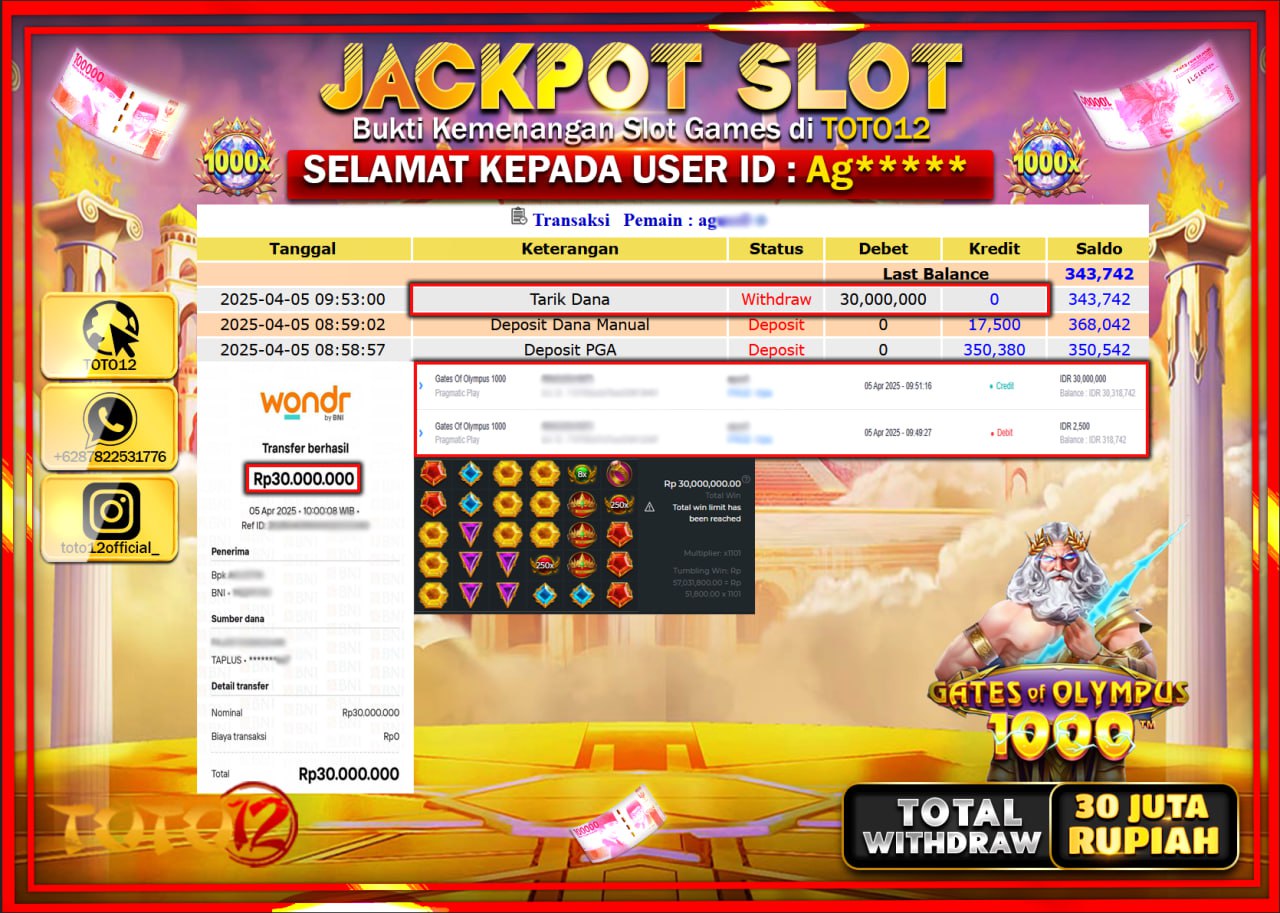 HANYA DI TOTO12 JP PASTI DI BAYAR LUNAS DAN CEPAT!!!!!! JACKPOT SLOT GAME (GATES OF OLYMPUS 1000) Rp.30.000.000 !!!!
