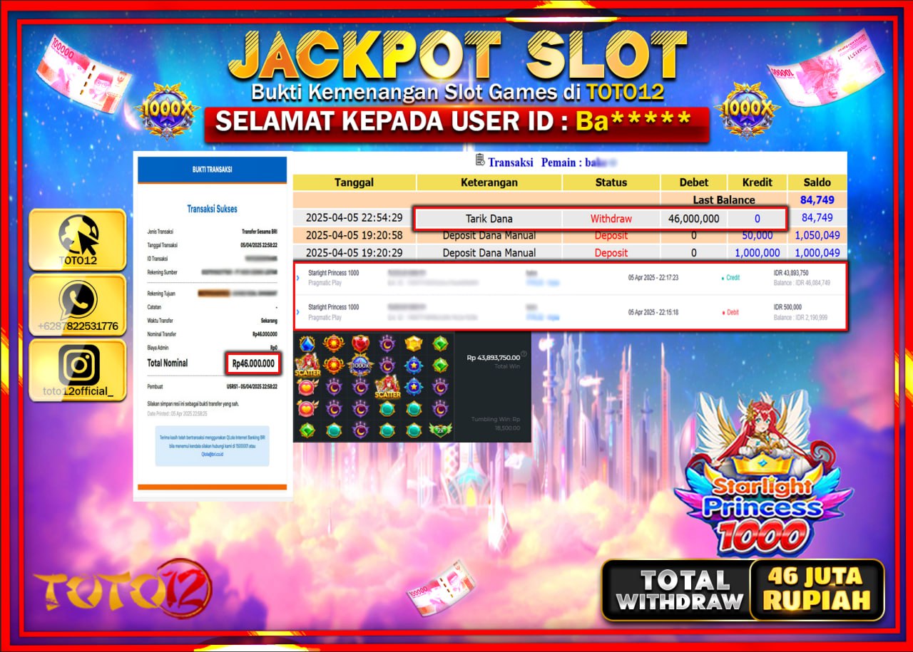 HANYA DI TOTO12 JP PASTI DI BAYAR LUNAS DAN CEPAT!!!!!! JACKPOT SLOT GAME (STARLIGHT PRINCESS 1000) Rp.46.000.000 !!!!