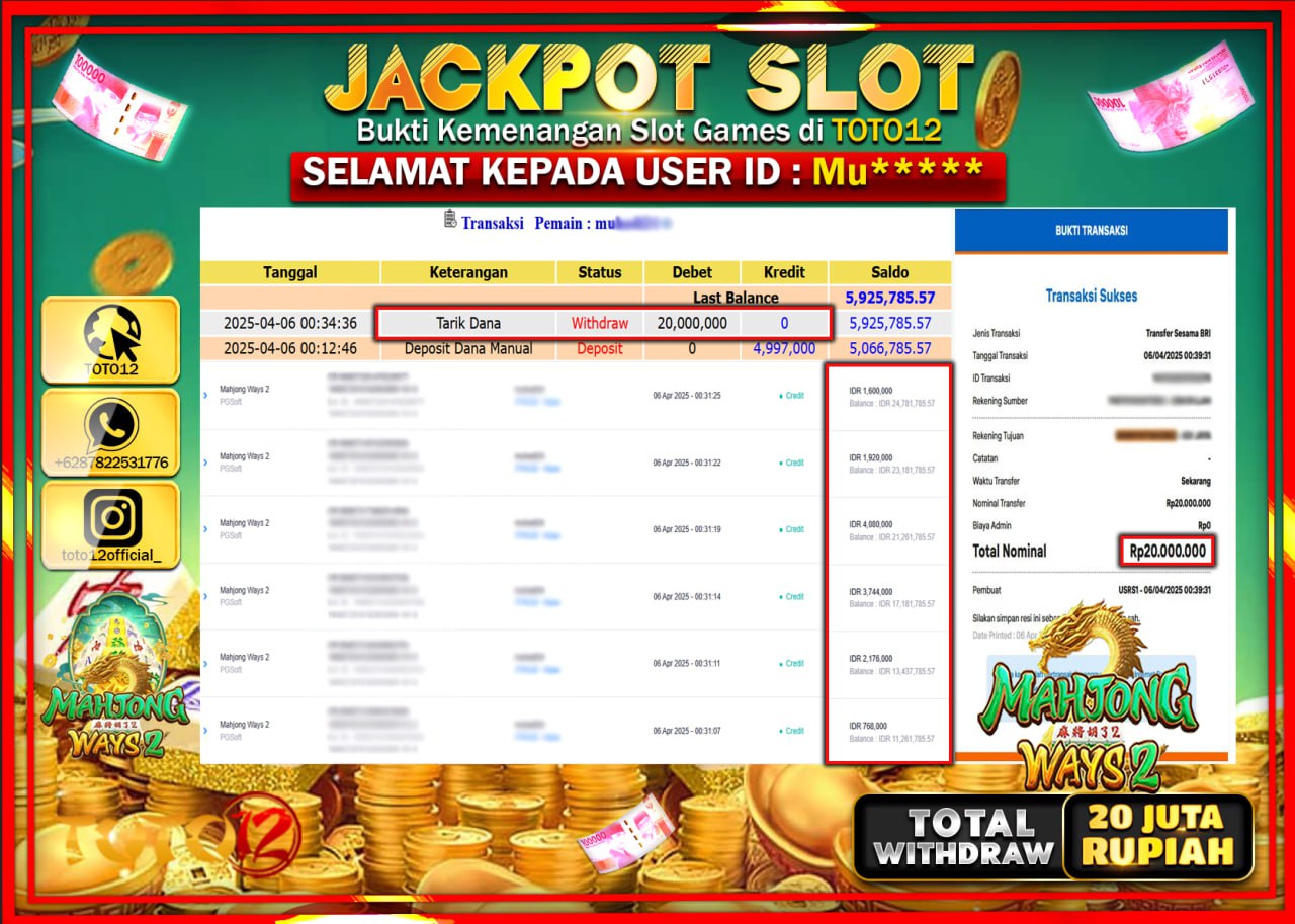 HANYA DI TOTO12 JP PASTI DI BAYAR LUNAS DAN CEPAT!!!!!! JACKPOT SLOT GAME (MAHJONG WAYS 2) Rp.20.000.000 !!!!