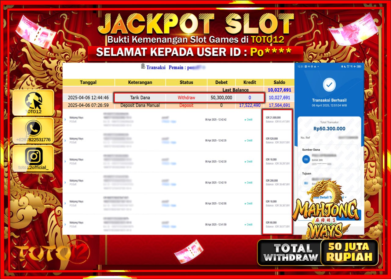 HANYA DI TOTO12 JP PASTI DI BAYAR LUNAS DAN CEPAT!!!!!! JACKPOT SLOT GAME (MAHJONG WAYS) Rp.50.000.000 !!!!