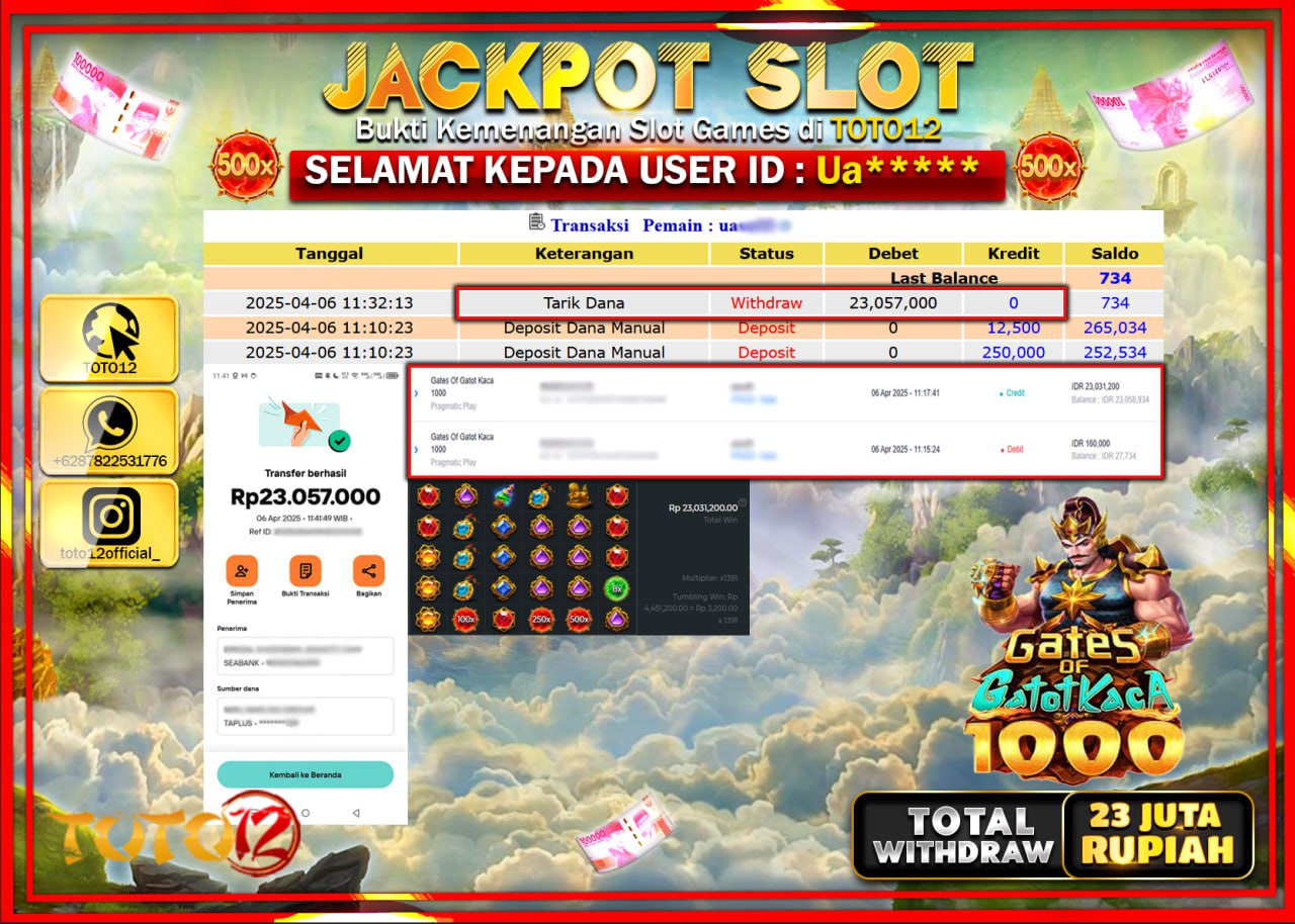 HANYA DI TOTO12 JP PASTI DI BAYAR LUNAS DAN CEPAT!!!!!! JACKPOT SLOT GAME (GATES OF OLYMPUS 1000) Rp.23.000.000 !!!!
