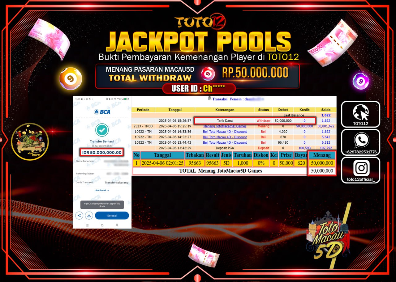 HANYA DI TOTO12 JP PASTI DI BAYAR LUNAS DAN CEPAT!!!!!! JACKPOT POOLS PASARAN (TOTO MACAU5D) Rp.50.000.000 !!!!