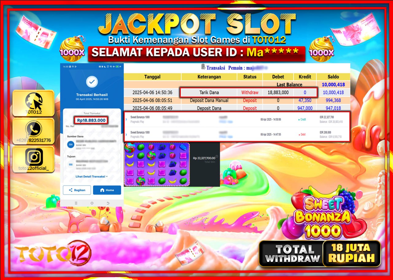 HANYA DI TOTO12 JP PASTI DI BAYAR LUNAS DAN CEPAT!!!!!! JACKPOT SLOT GAME (SWEET BONANZA 1000) Rp.18.000.000 !!!!