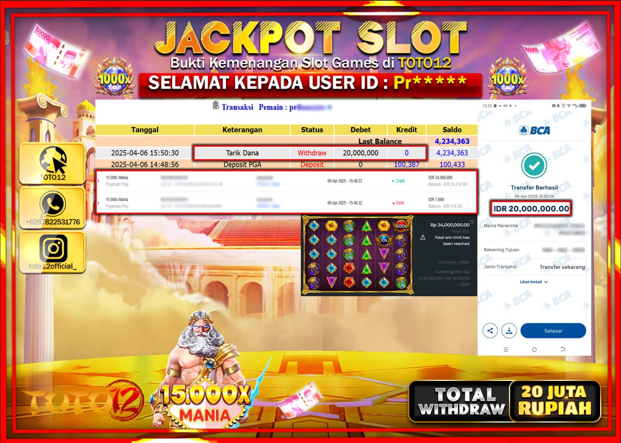 HANYA DI TOTO12 JP PASTI DI BAYAR LUNAS DAN CEPAT!!!!!! JACKPOT SLOT GAME (15.000X MANIA) Rp.20.000.000 !!!!