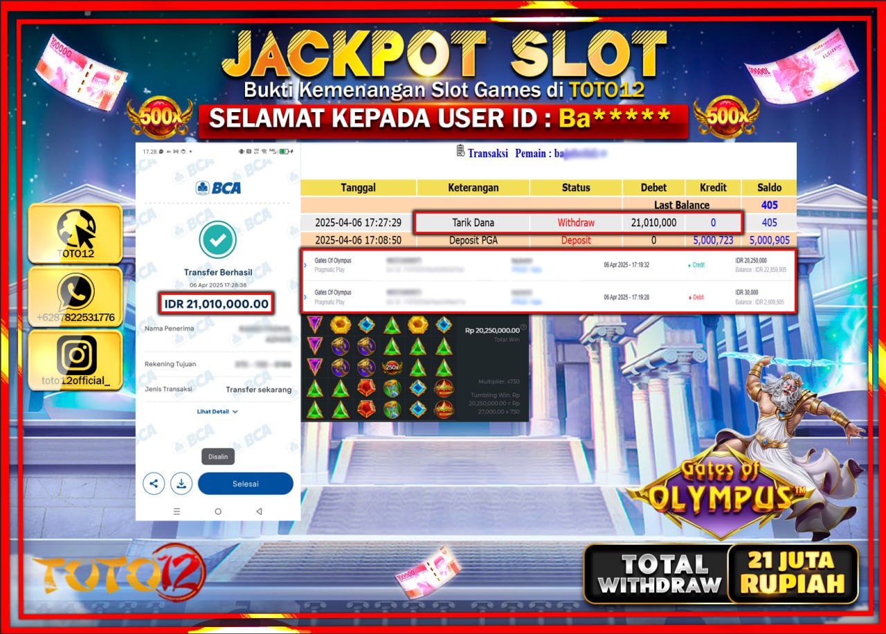 HANYA DI TOTO12 JP PASTI DI BAYAR LUNAS DAN CEPAT!!!!!! JACKPOT SLOT GAME (GATES OF OLYMPUS) Rp.21.000.000 !!!!