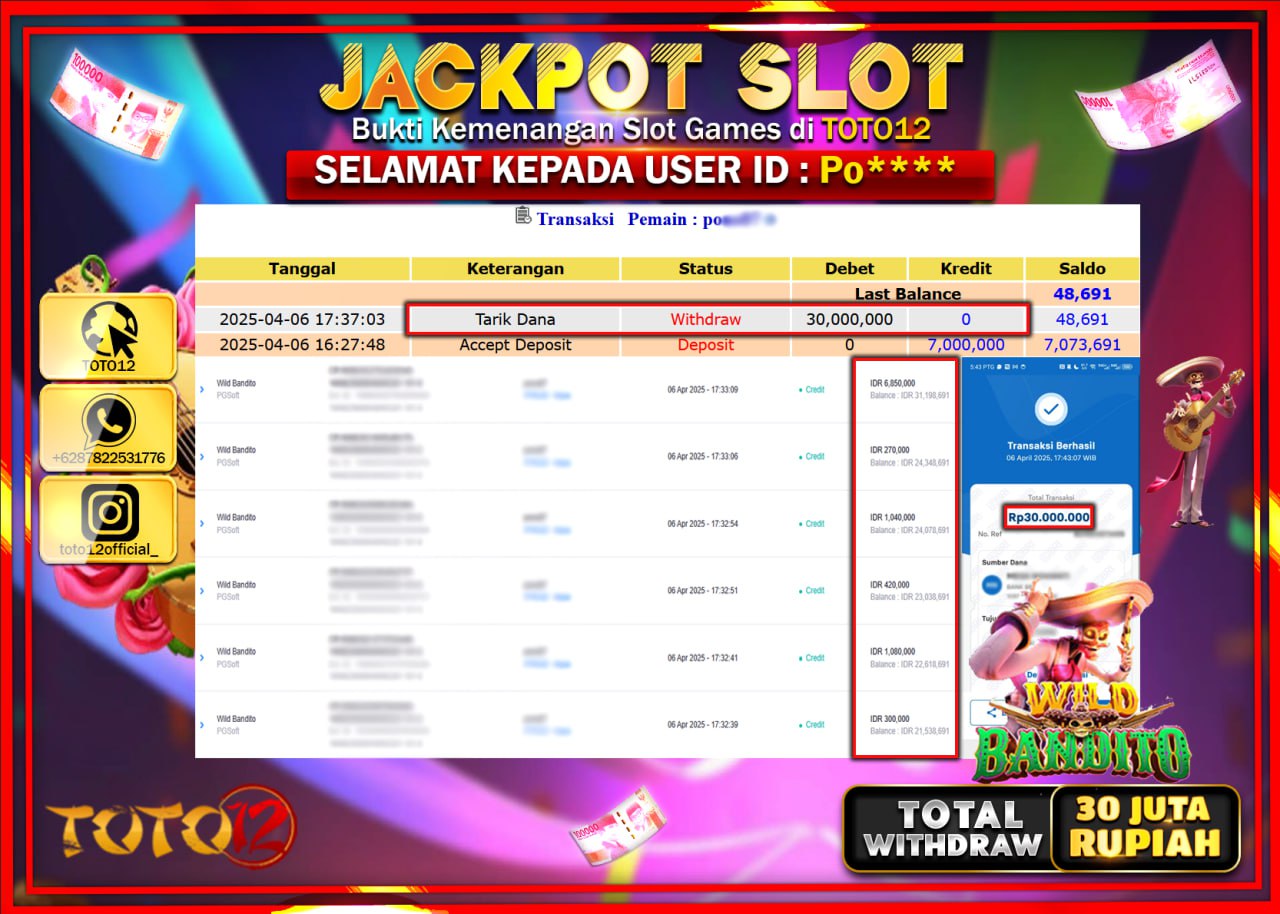 HANYA DI TOTO12 JP PASTI DI BAYAR LUNAS DAN CEPAT!!!!!! JACKPOT SLOT GAME (WILD BANDITO) Rp.30.000.000 !!!!