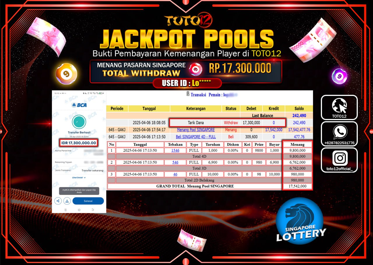 HANYA DI TOTO12 JP PASTI DI BAYAR LUNAS DAN CEPAT!!!!!! JACKPOT POOLS PASARAN (SINGAPORE) Rp.17.300.000 !!!!