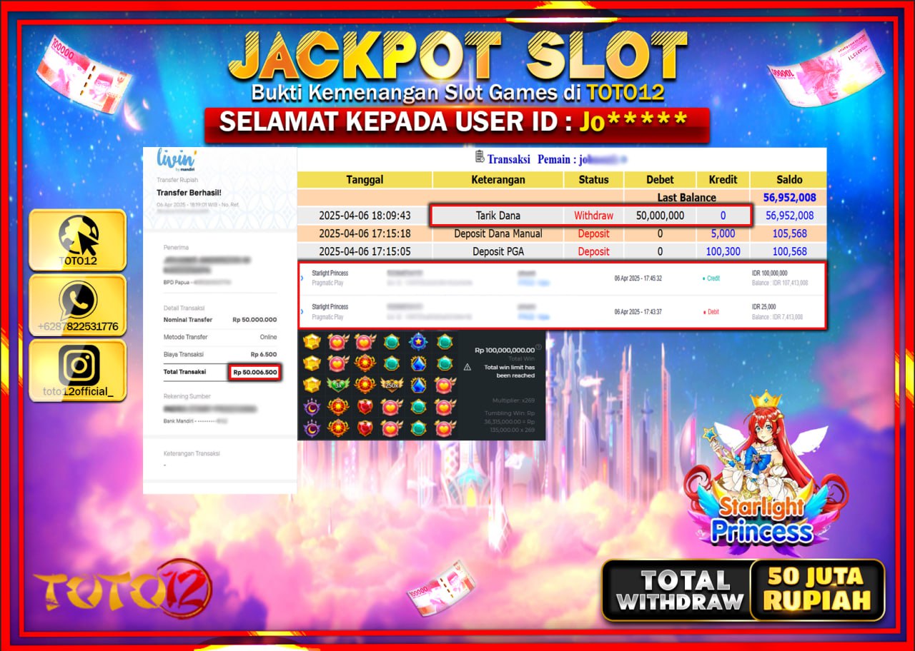 HANYA DI TOTO12 JP PASTI DI BAYAR LUNAS DAN CEPAT!!!!!! JACKPOT SLOT GAME (STARLIGHT PRINCESS) Rp.50.000.000 !!!!