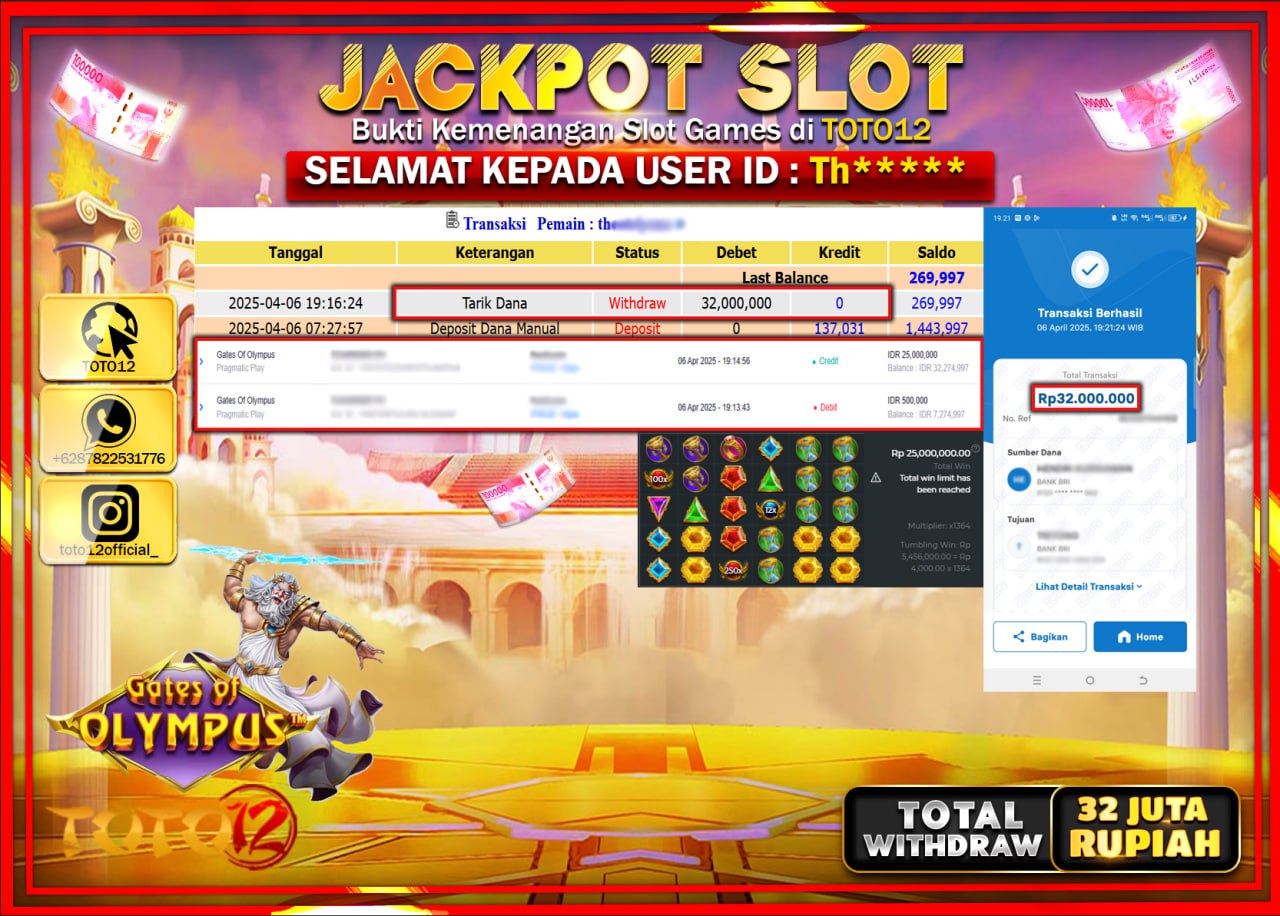 HANYA DI TOTO12 JP PASTI DI BAYAR LUNAS DAN CEPAT!!!!!! JACKPOT SLOT GAME (GATES OF OLYMPUS) Rp.32.000.000 !!!!