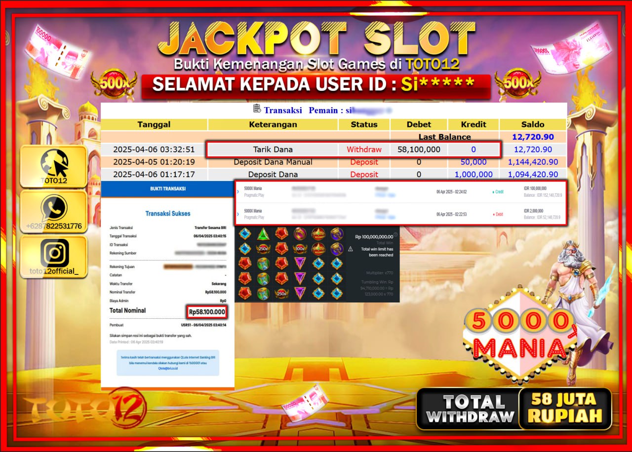 HANYA DI TOTO12 JP PASTI DI BAYAR LUNAS DAN CEPAT!!!!!! JACKPOT SLOT GAME (5000X MANIA) Rp.58.000.000 !!!!