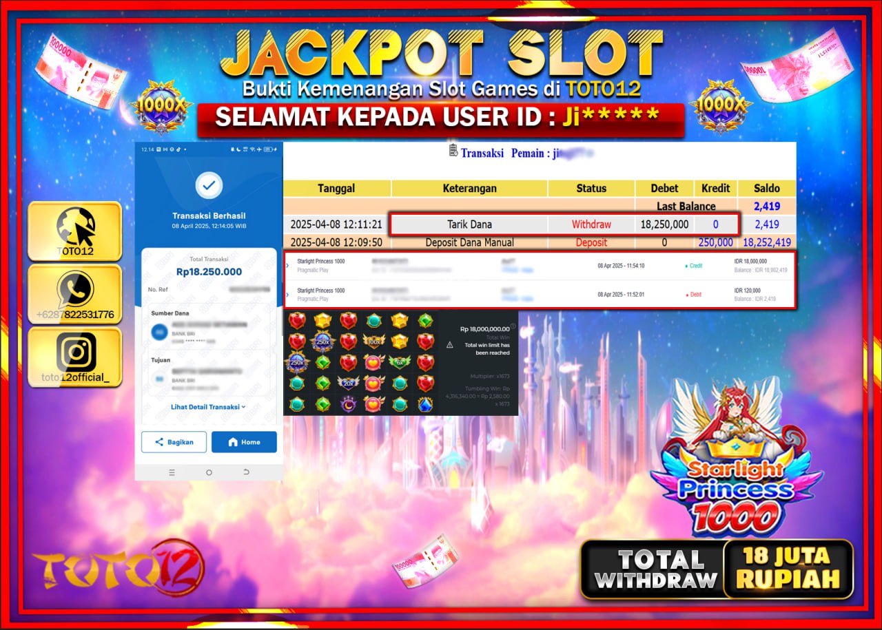 HANYA DI TOTO12 JP PASTI DI BAYAR LUNAS DAN CEPAT!!!!!! JACKPOT SLOT GAME (STARLIGHT PRINCESS 1000) Rp.18.000.000 !!!!