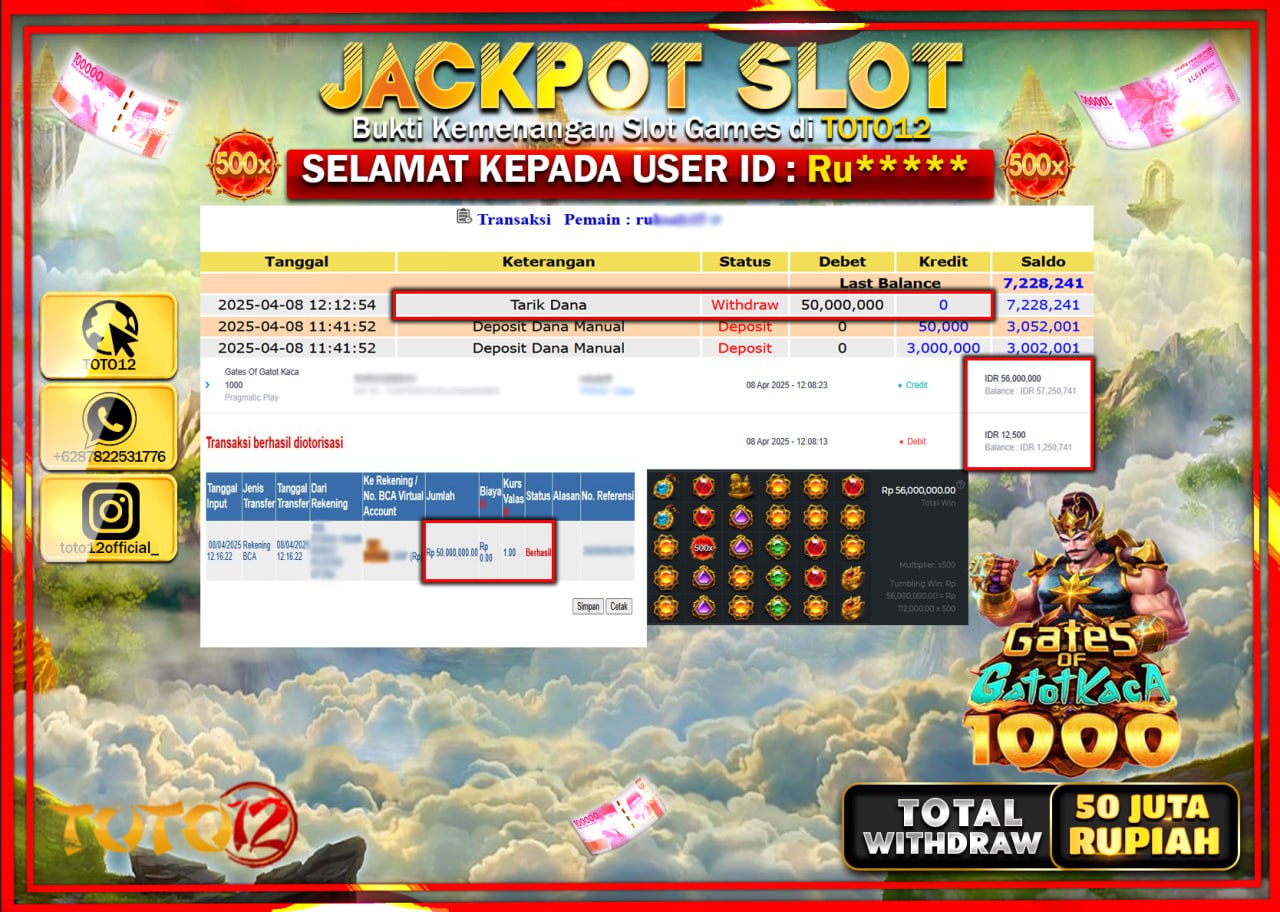 HANYA DI TOTO12 JP PASTI DI BAYAR LUNAS DAN CEPAT!!!!!! JACKPOT SLOT GAME (GATES OF GATOT KACA 1000) Rp.50.000.000 !!!!